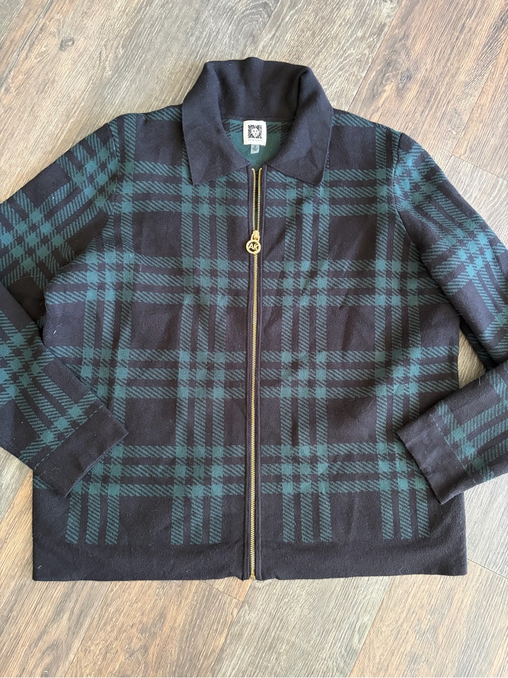 Anne Klein Black and Teal Plaid Zip Jacket